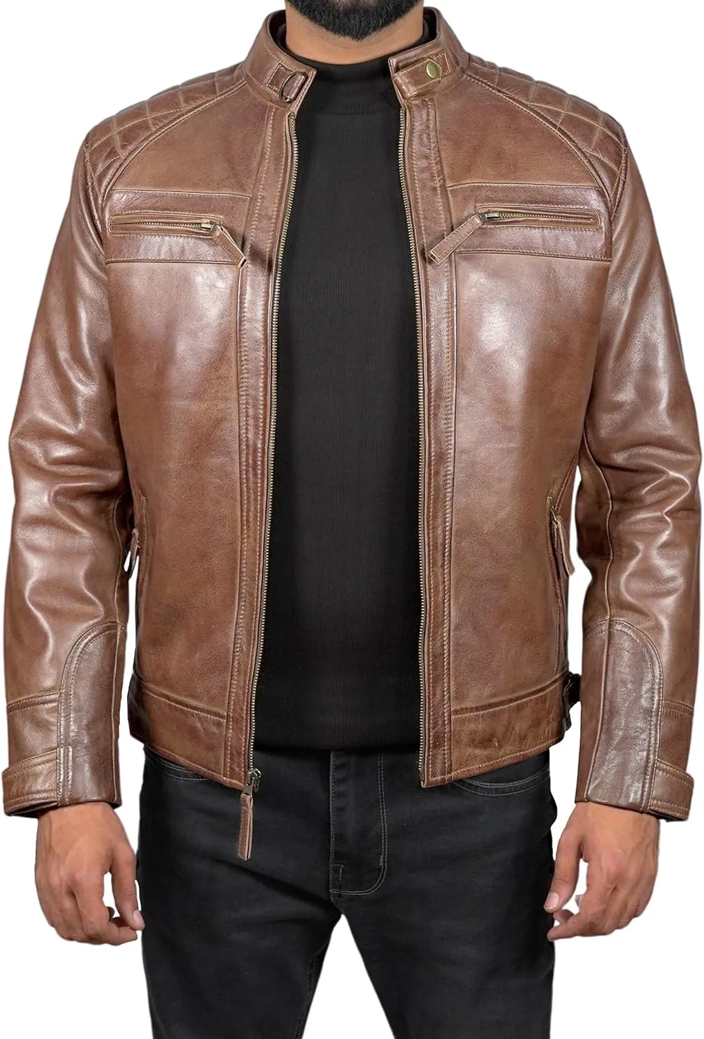 Leather Jacket Men - Cafe Racer Mens Jackets Casual Stylish Motorcycle Jacket - Lambskin Men's Biker Leather Jackets For Men