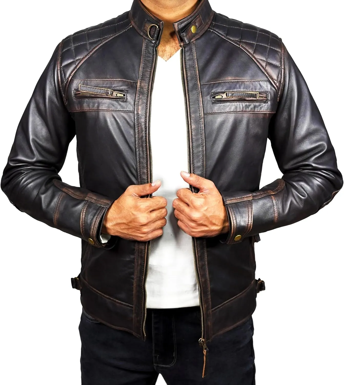 Leather Jacket Men - Cafe Racer Mens Jackets Casual Stylish Motorcycle Jacket - Lambskin Men's Biker Leather Jackets For Men