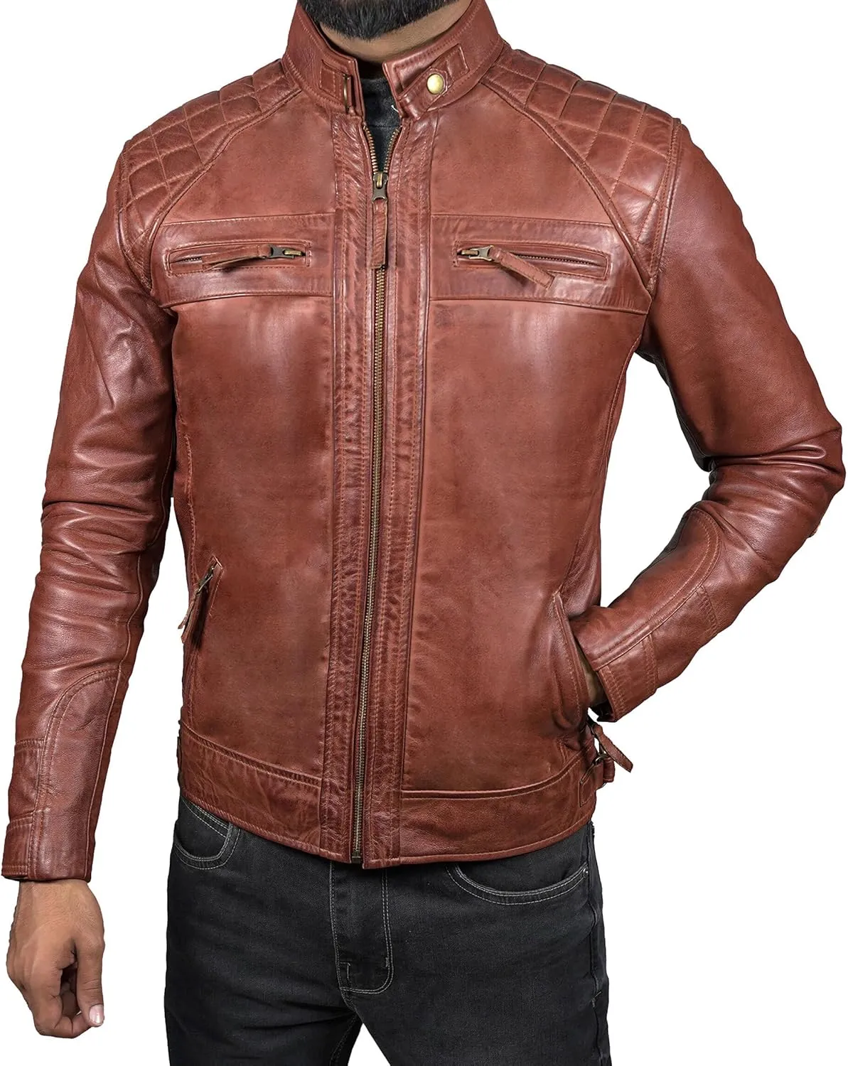 Leather Jacket Men - Cafe Racer Mens Jackets Casual Stylish Motorcycle Jacket - Lambskin Men's Biker Leather Jackets For Men
