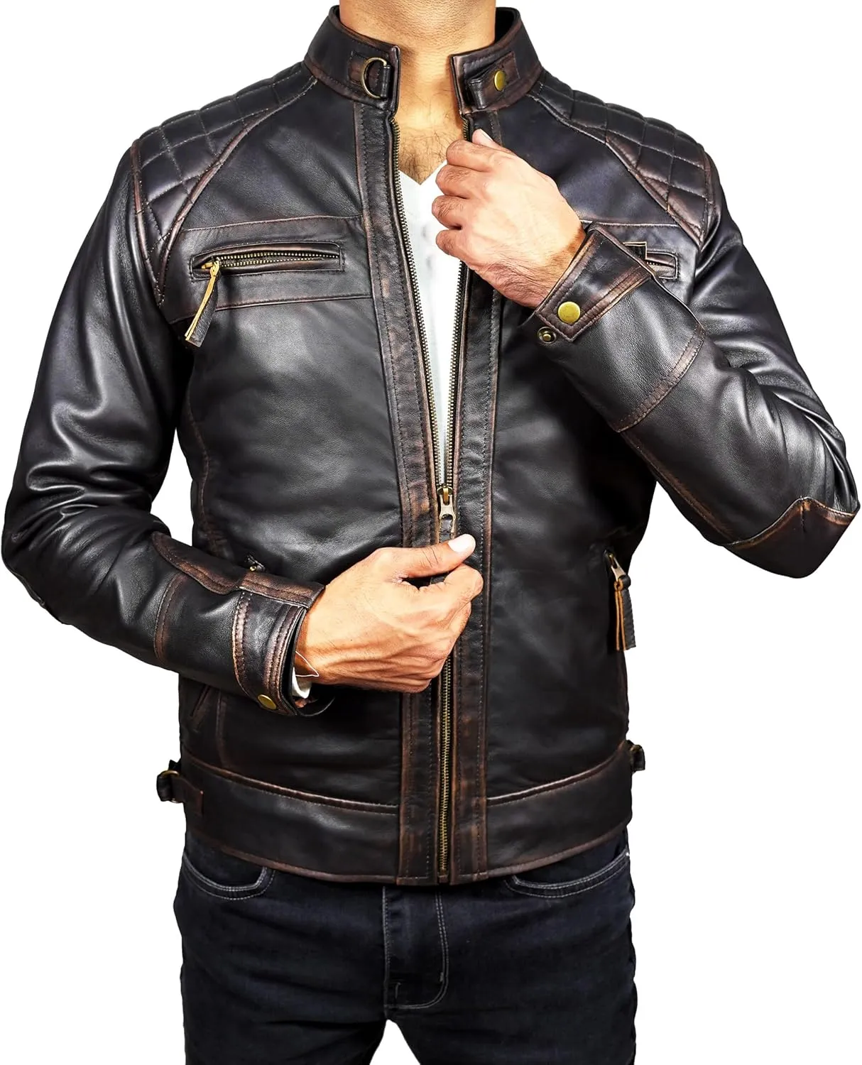 Leather Jacket Men - Cafe Racer Mens Jackets Casual Stylish Motorcycle Jacket - Lambskin Men's Biker Leather Jackets For Men