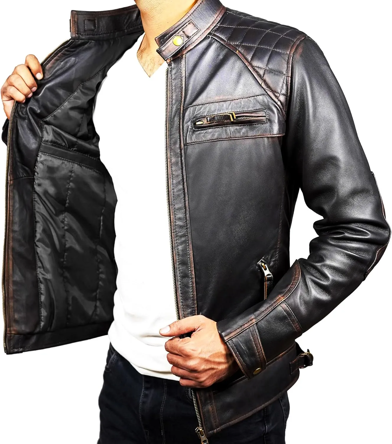 Leather Jacket Men - Cafe Racer Mens Jackets Casual Stylish Motorcycle Jacket - Lambskin Men's Biker Leather Jackets For Men