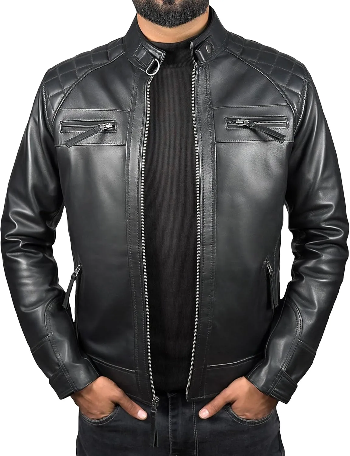 Leather Jacket Men - Cafe Racer Mens Jackets Casual Stylish Motorcycle Jacket - Lambskin Men's Biker Leather Jackets For Men