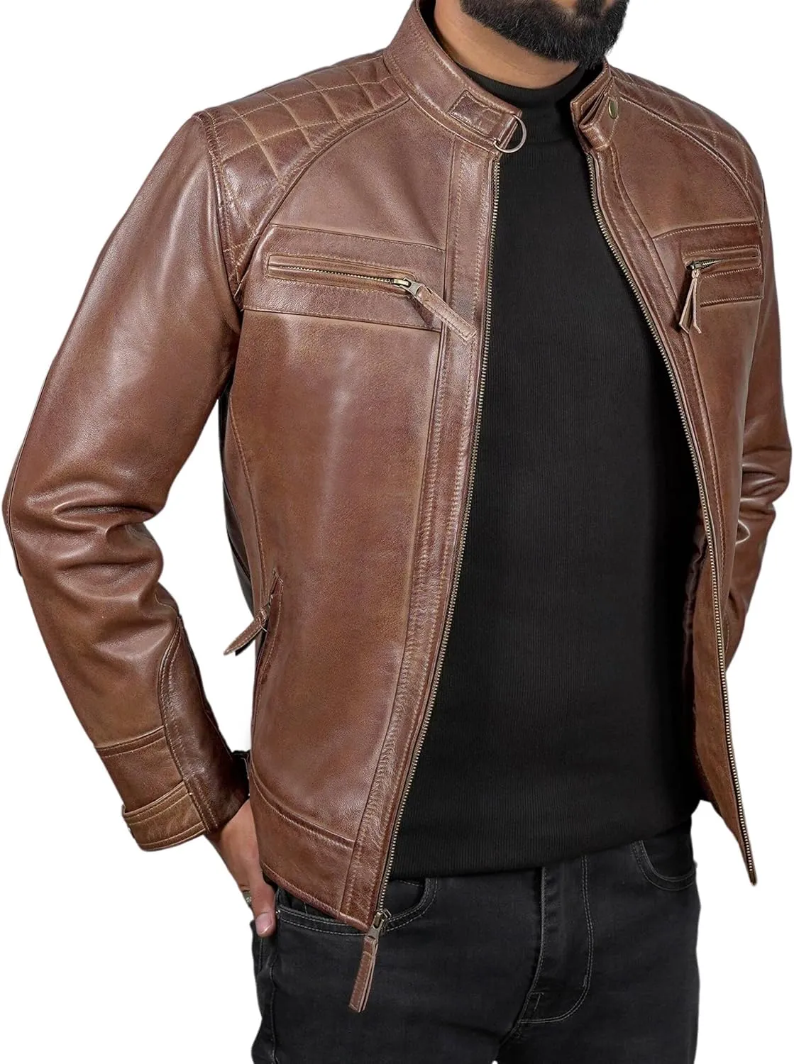 Leather Jacket Men - Cafe Racer Mens Jackets Casual Stylish Motorcycle Jacket - Lambskin Men's Biker Leather Jackets For Men