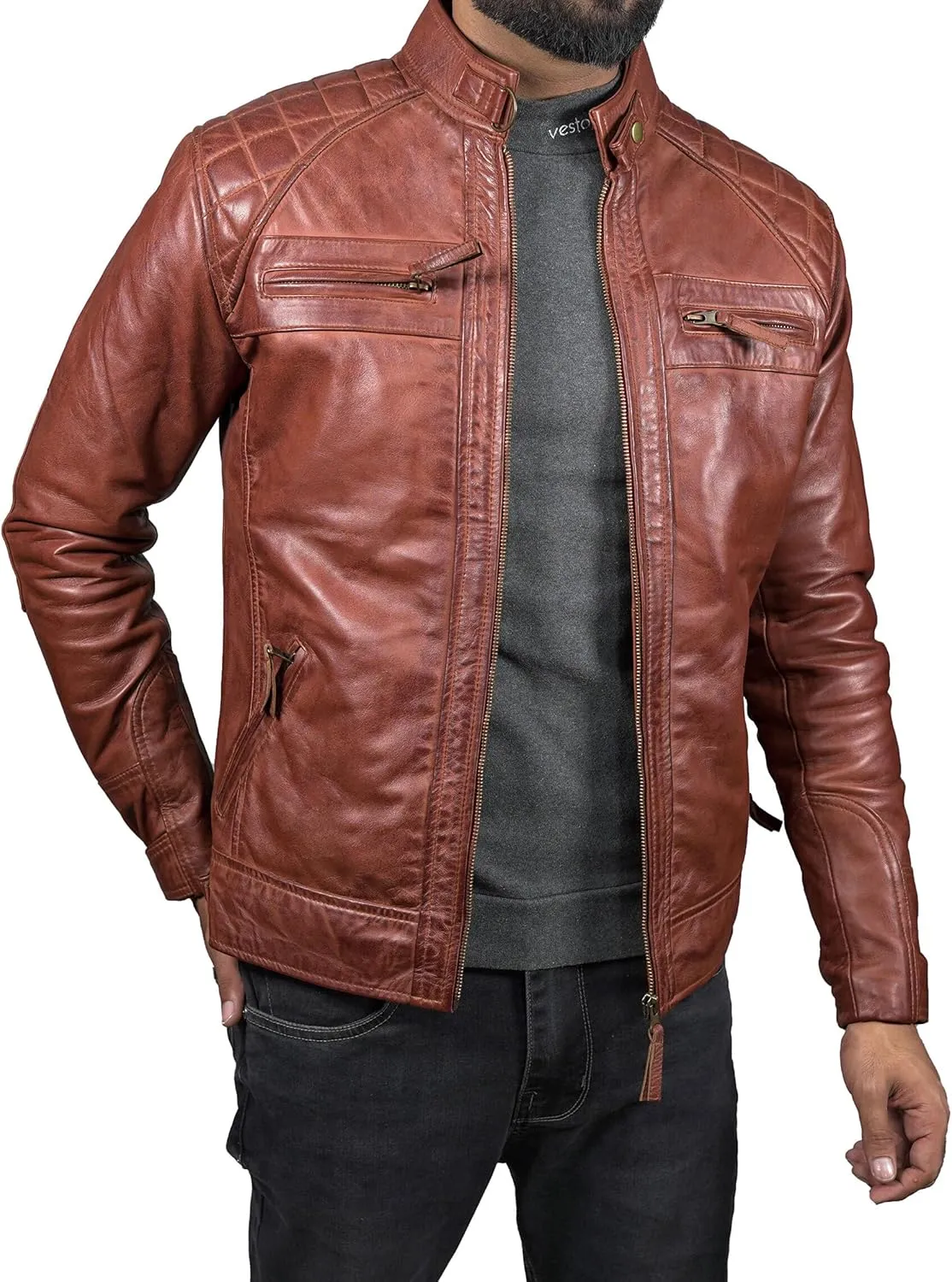 Leather Jacket Men - Cafe Racer Mens Jackets Casual Stylish Motorcycle Jacket - Lambskin Men's Biker Leather Jackets For Men