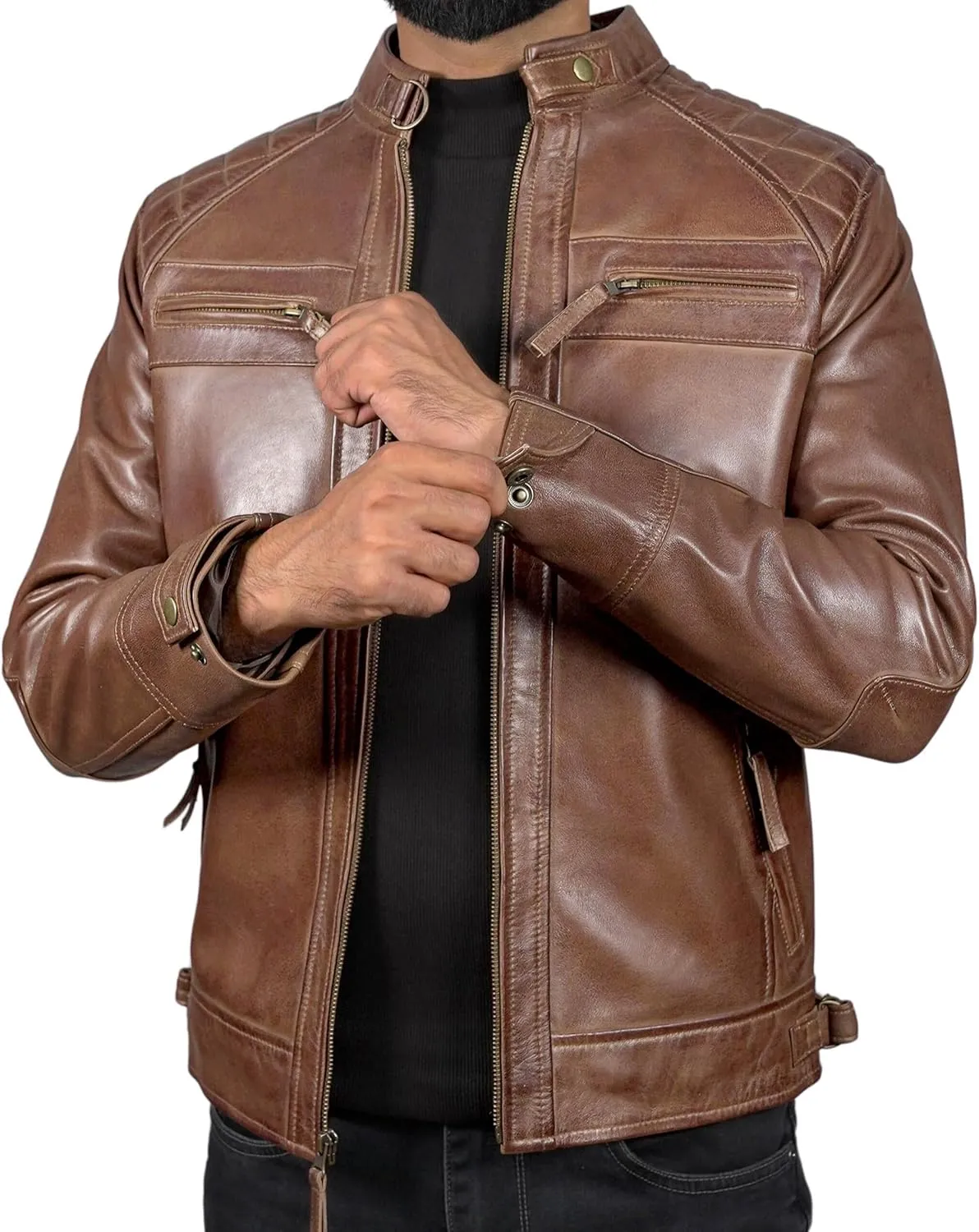 Leather Jacket Men - Cafe Racer Mens Jackets Casual Stylish Motorcycle Jacket - Lambskin Men's Biker Leather Jackets For Men