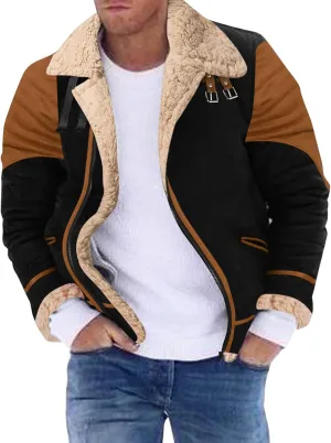 Leather Jacket Men Shearling Sherpa Lined Faux Leather Bomber Jacket Motorcycle Stlyle Warm Winter Coat with Pockets Outerwear