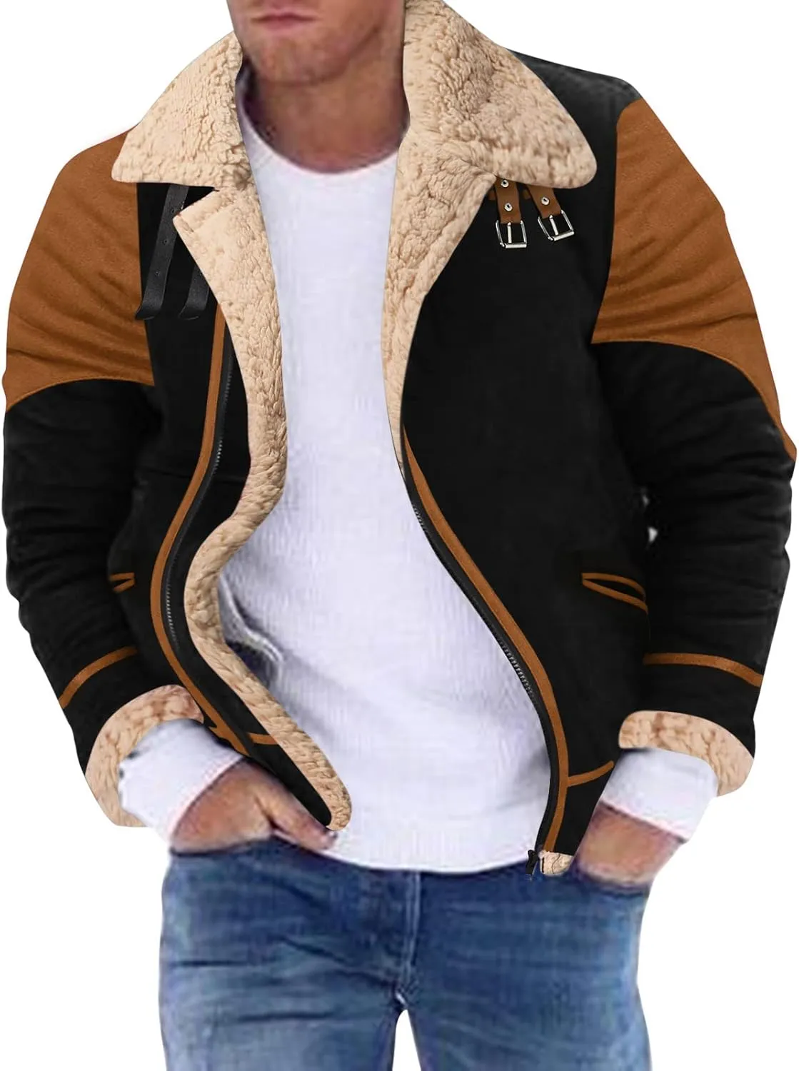 Leather Jacket Men Shearling Sherpa Lined Faux Leather Bomber Jacket Motorcycle Stlyle Warm Winter Coat with Pockets Outerwear
