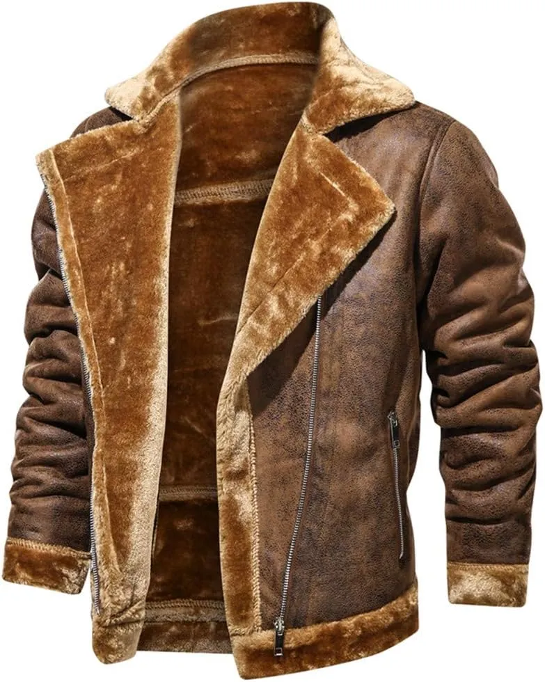 Leather Jackets for Men, Faux Leather Fleece Lined Fall Winter Warm Coat Men Motorcycle Biker Bomber Jacket