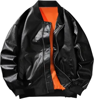 Leather Jackets For Mens Faux Motorcycle PU Leather Coats Motorcycle Biker Racing Solid Color Zipper Pocket Outwear