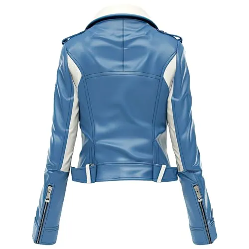 Leather Jets Womens Blue White Genuine Sheepskin Lapel Collar Classy Moto Biker Casual Crossover Rider Leather Jacket