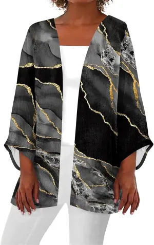 Lightweight Cardigan for Women Summer Printed Beach Cover Up Tops Open Front 3/4 Sleeve Kimono Cardigan Casual Blouse