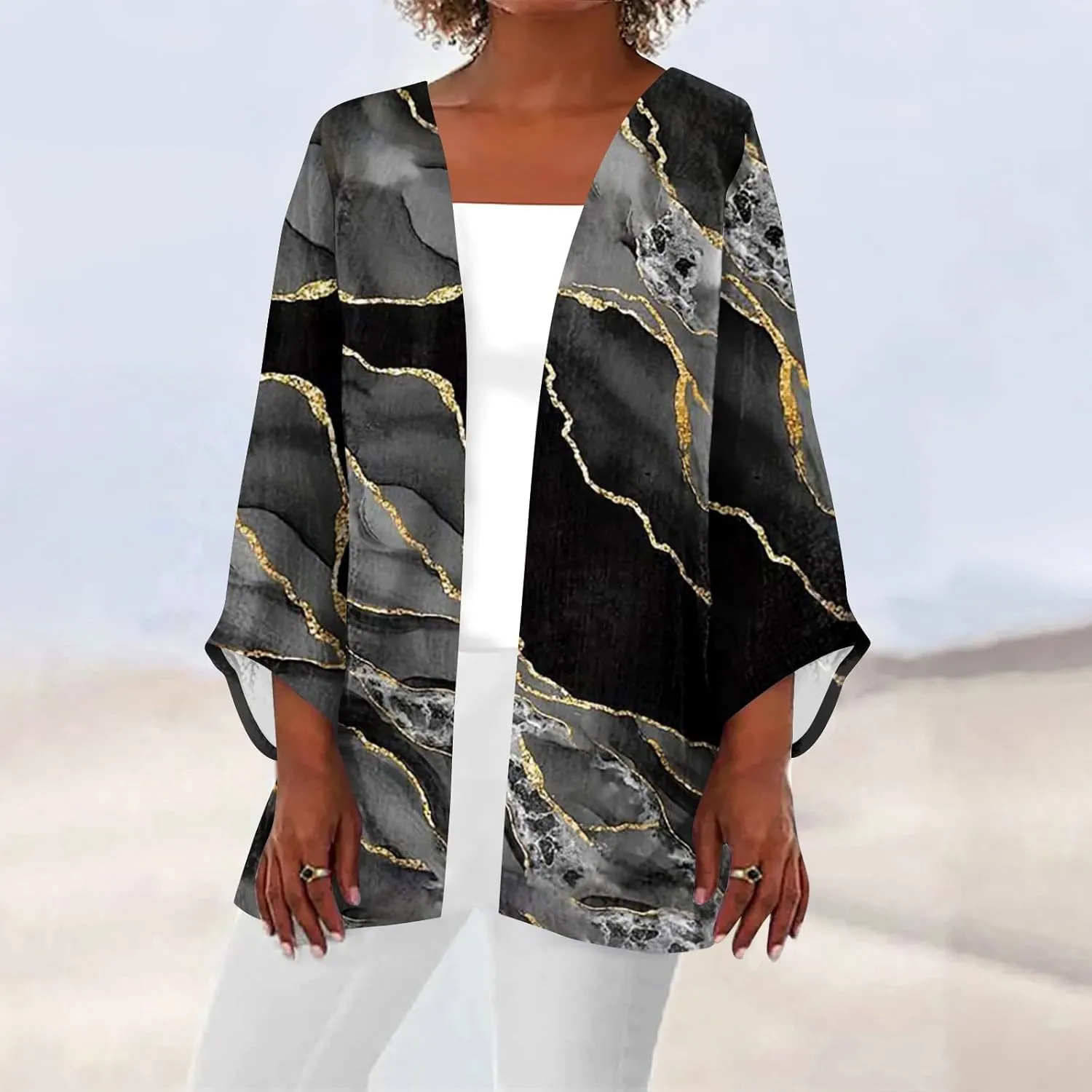 Lightweight Cardigan for Women Summer Printed Beach Cover Up Tops Open Front 3/4 Sleeve Kimono Cardigan Casual Blouse