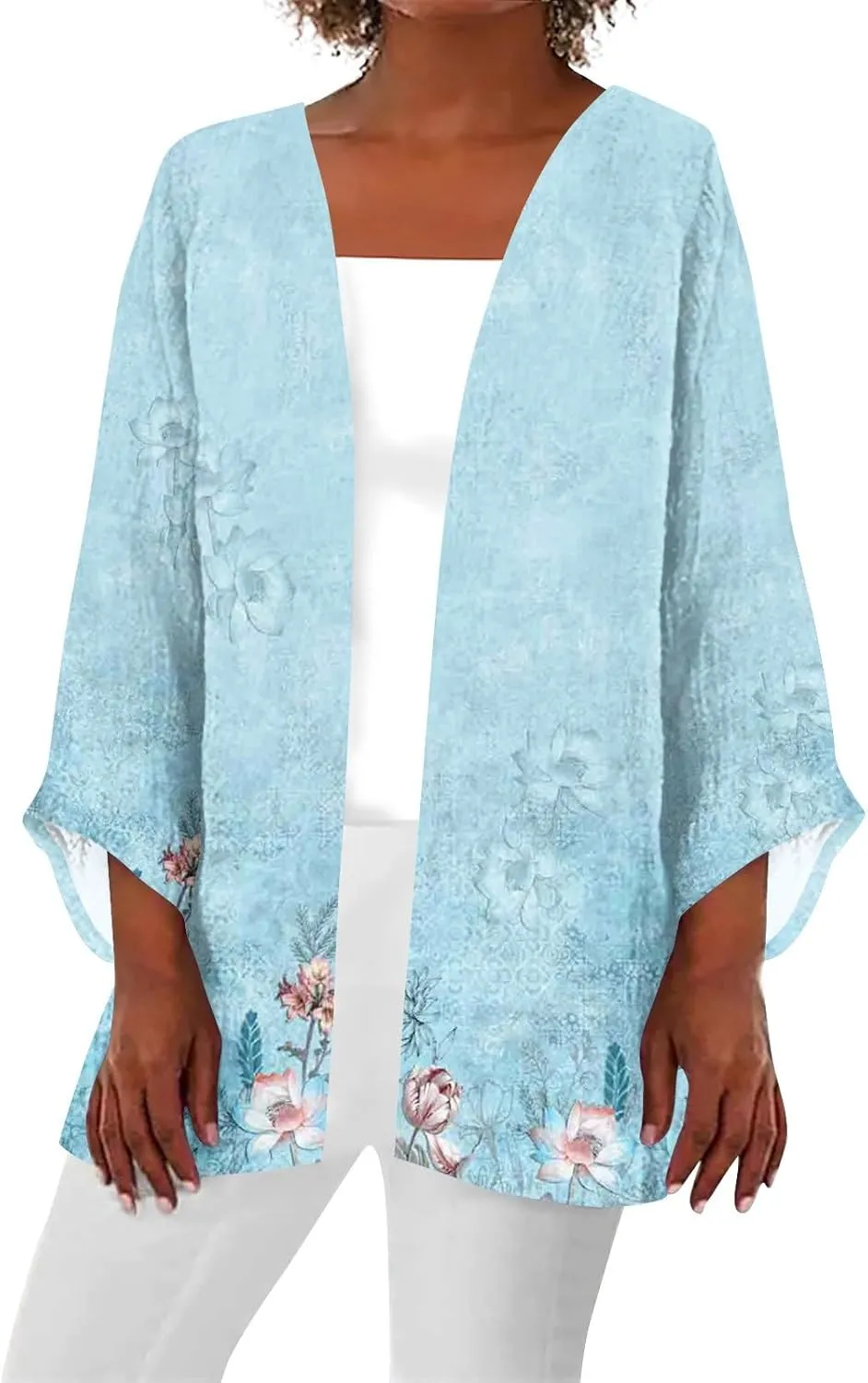 Lightweight Cardigans for Women 3/4 Sleeve Casual Loose Open Front Cardigan Floral Printed Trendy Cardigans