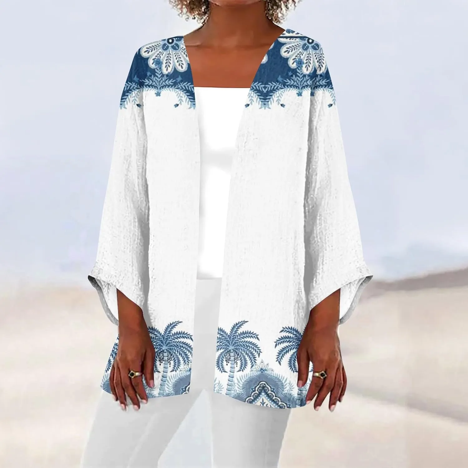 Lightweight Cardigans for Women 3/4 Sleeve Casual Loose Open Front Cardigan Floral Printed Trendy Cardigans