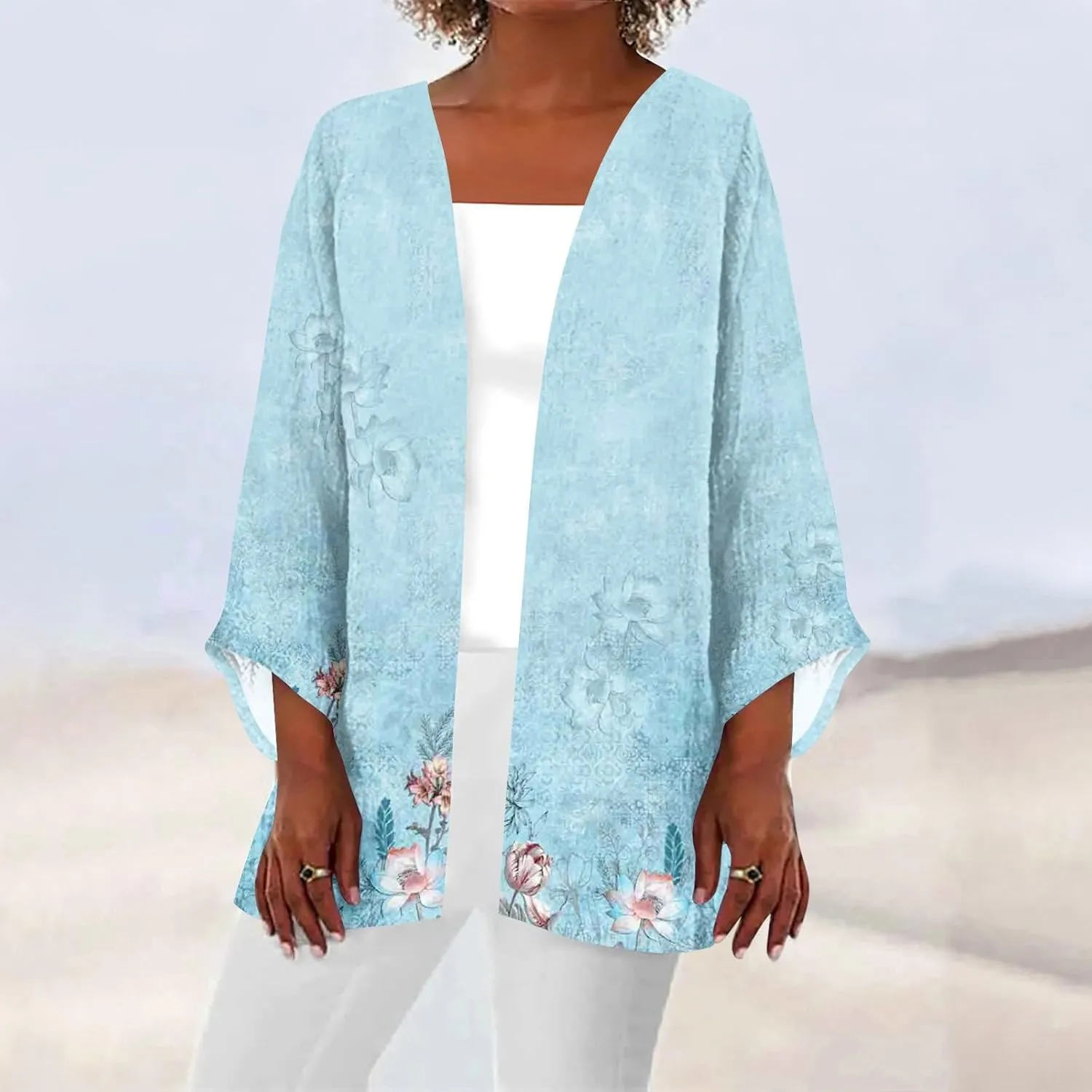 Lightweight Cardigans for Women 3/4 Sleeve Casual Loose Open Front Cardigan Floral Printed Trendy Cardigans