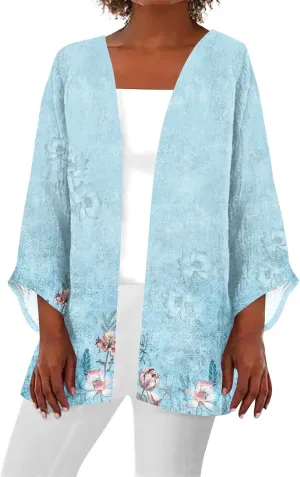 Lightweight Cardigans for Women 3/4 Sleeve Casual Loose Open Front Cardigan Floral Printed Trendy Cardigans