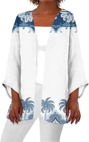 Lightweight Cardigans for Women 3/4 Sleeve Casual Loose Open Front Cardigan Floral Printed Trendy Cardigans