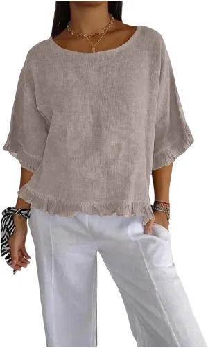 Linen Shirts for Women 2025 Summer Trendy 3/4 Length Sleeve Ruffled Hem Tops Loose Fit Round Neck Solid Tees