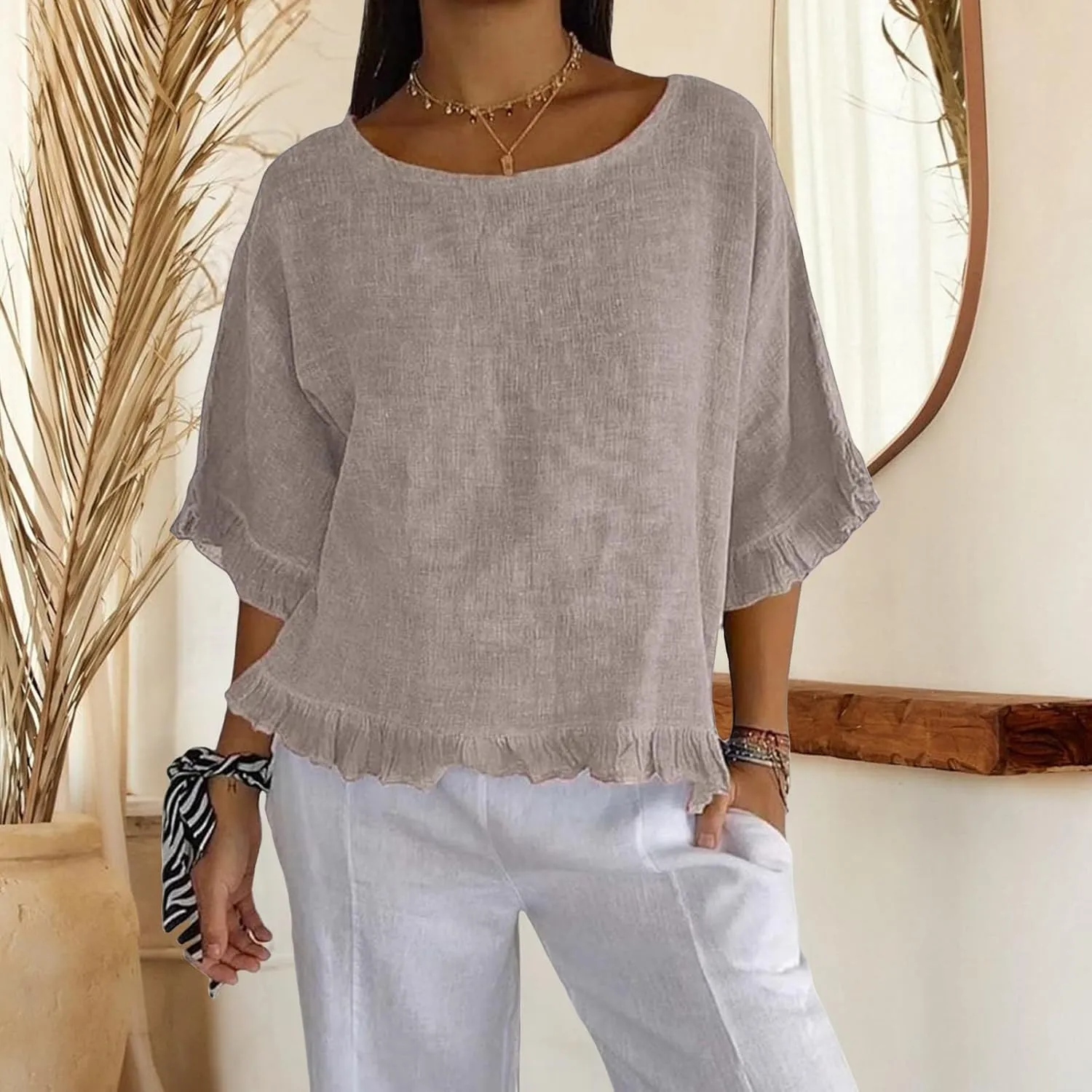 Linen Shirts for Women 2025 Summer Trendy 3/4 Length Sleeve Ruffled Hem Tops Loose Fit Round Neck Solid Tees