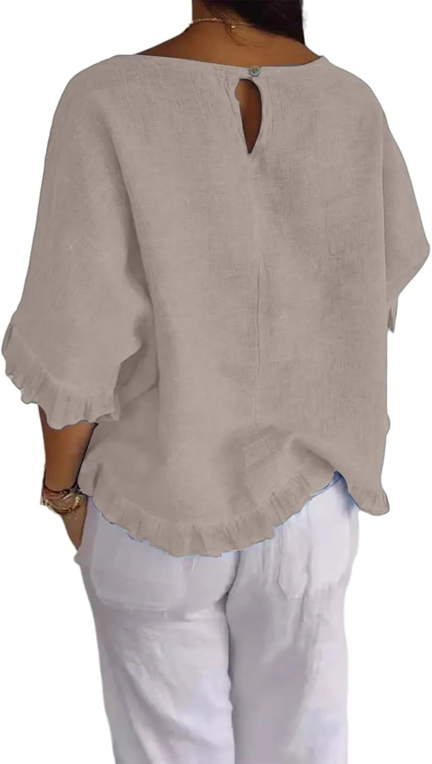 Linen Shirts for Women 2025 Summer Trendy 3/4 Length Sleeve Ruffled Hem Tops Loose Fit Round Neck Solid Tees