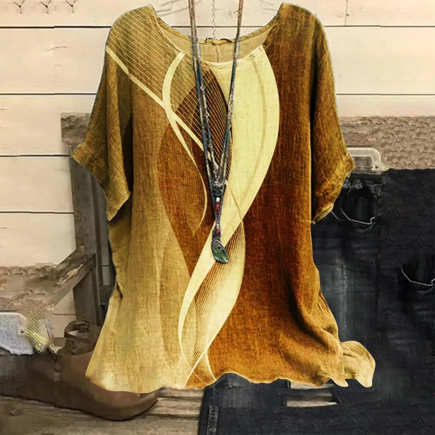 Linen Tops for Women Summer 2024 Plus Size Crewneck Short Sleeve T Shirts Loose Casual Fashion Printed Boho Blouses