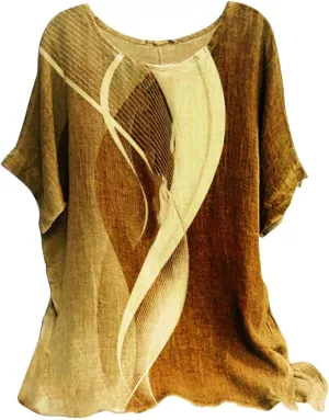 Linen Tops for Women Summer 2024 Plus Size Crewneck Short Sleeve T Shirts Loose Casual Fashion Printed Boho Blouses