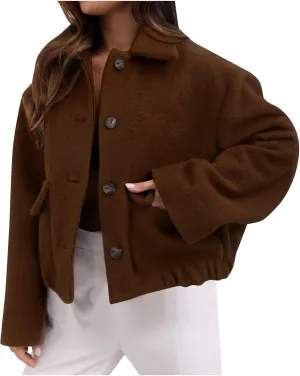 Lmdudan Women Short Wool Blend Jacket Lapel Single Breasted Long Sleeve Cropped Coat Wool Jacket with Flap Pockets Pea Coats