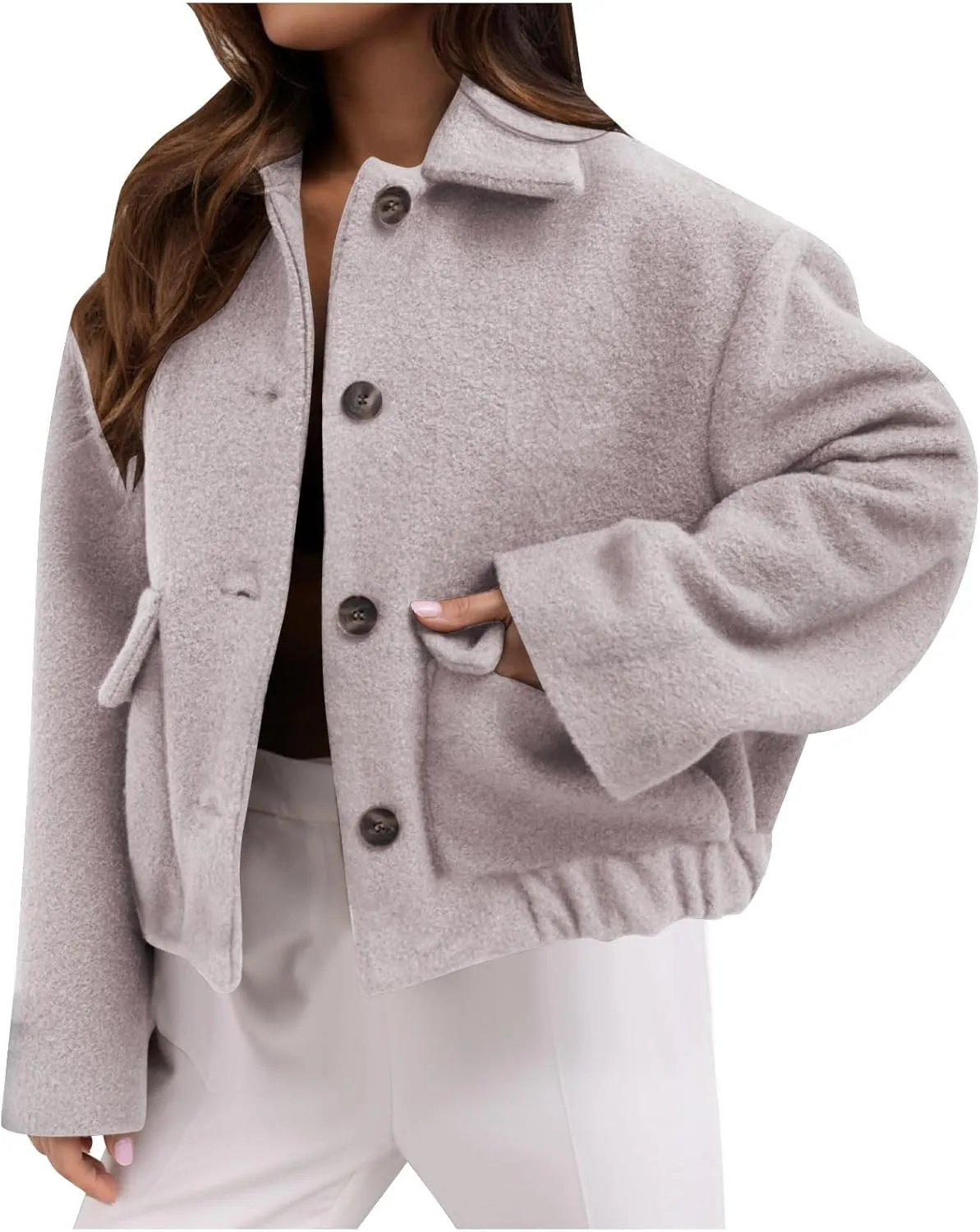 Lmdudan Women Short Wool Blend Jacket Lapel Single Breasted Long Sleeve Cropped Coat Wool Jacket with Flap Pockets Pea Coats