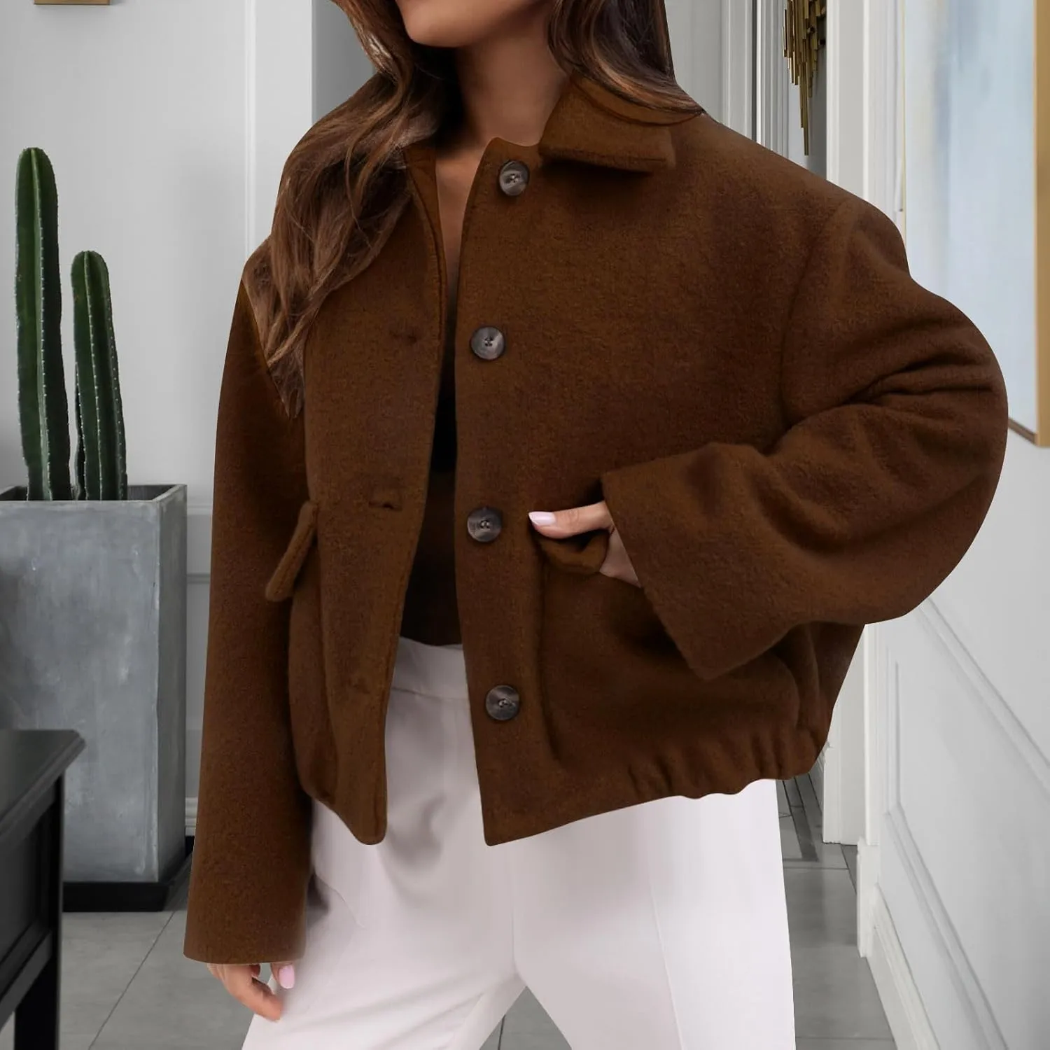 Lmdudan Women Short Wool Blend Jacket Lapel Single Breasted Long Sleeve Cropped Coat Wool Jacket with Flap Pockets Pea Coats