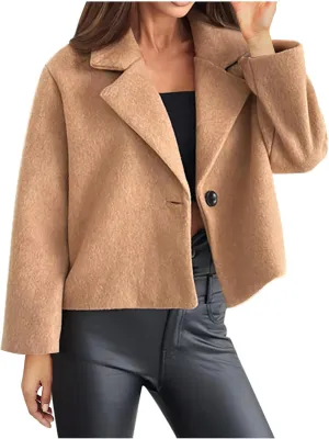 Lmdudan Women Wool Blend Cropped Pea Coats Single Breasted Notched Lapel Long Sleeve Jacket Casual Button Down Trench Coat