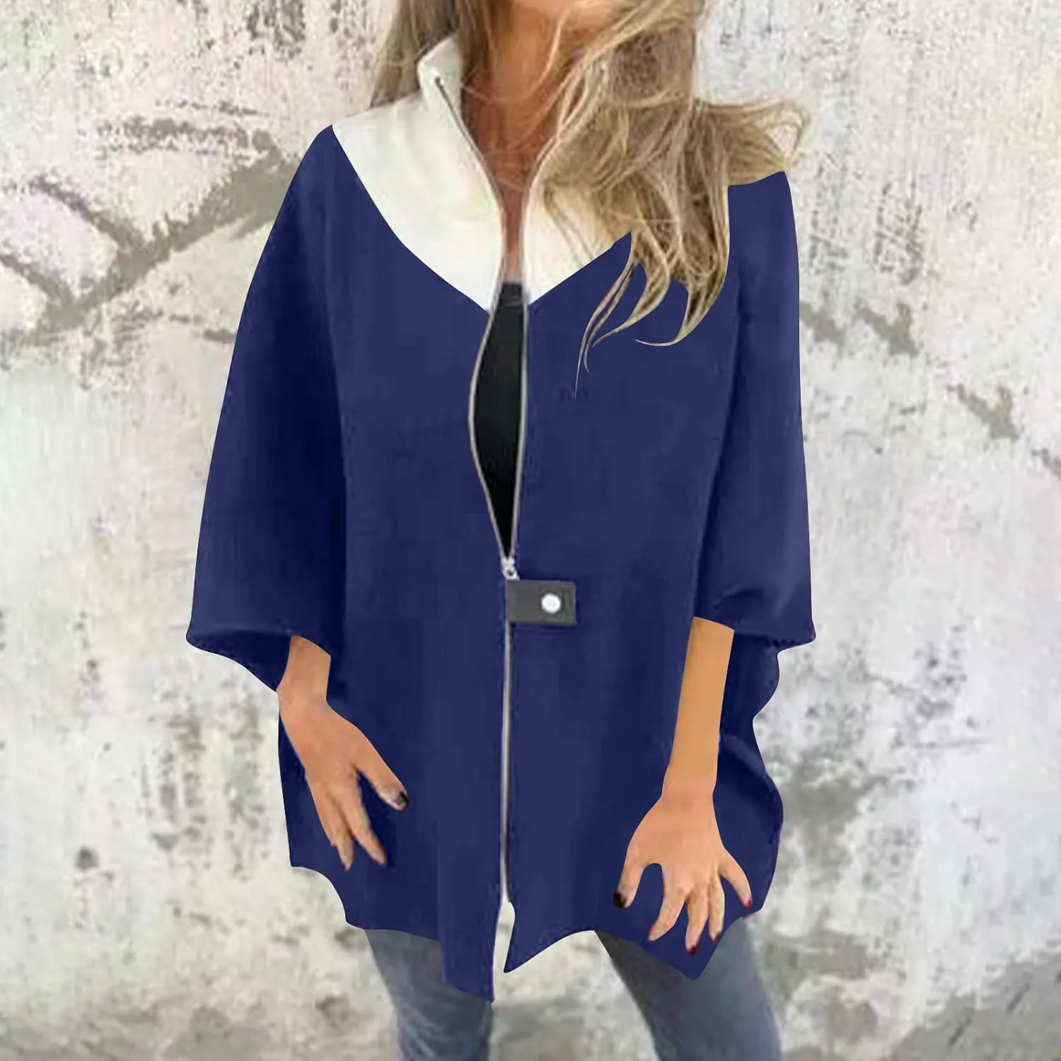 Lmdudan Women's Zip Up Wool Blend Coats Plus Size Color Block Stand Collar Side Slit Trench Coat Casual Long Sleeve Cardigan