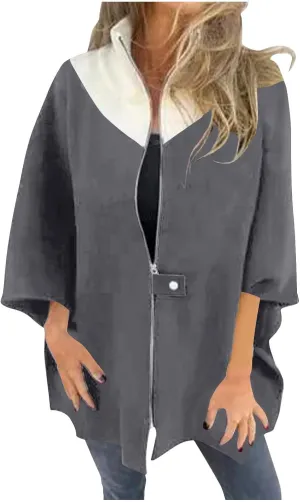 Lmdudan Women's Zip Up Wool Blend Coats Plus Size Color Block Stand Collar Side Slit Trench Coat Casual Long Sleeve Cardigan