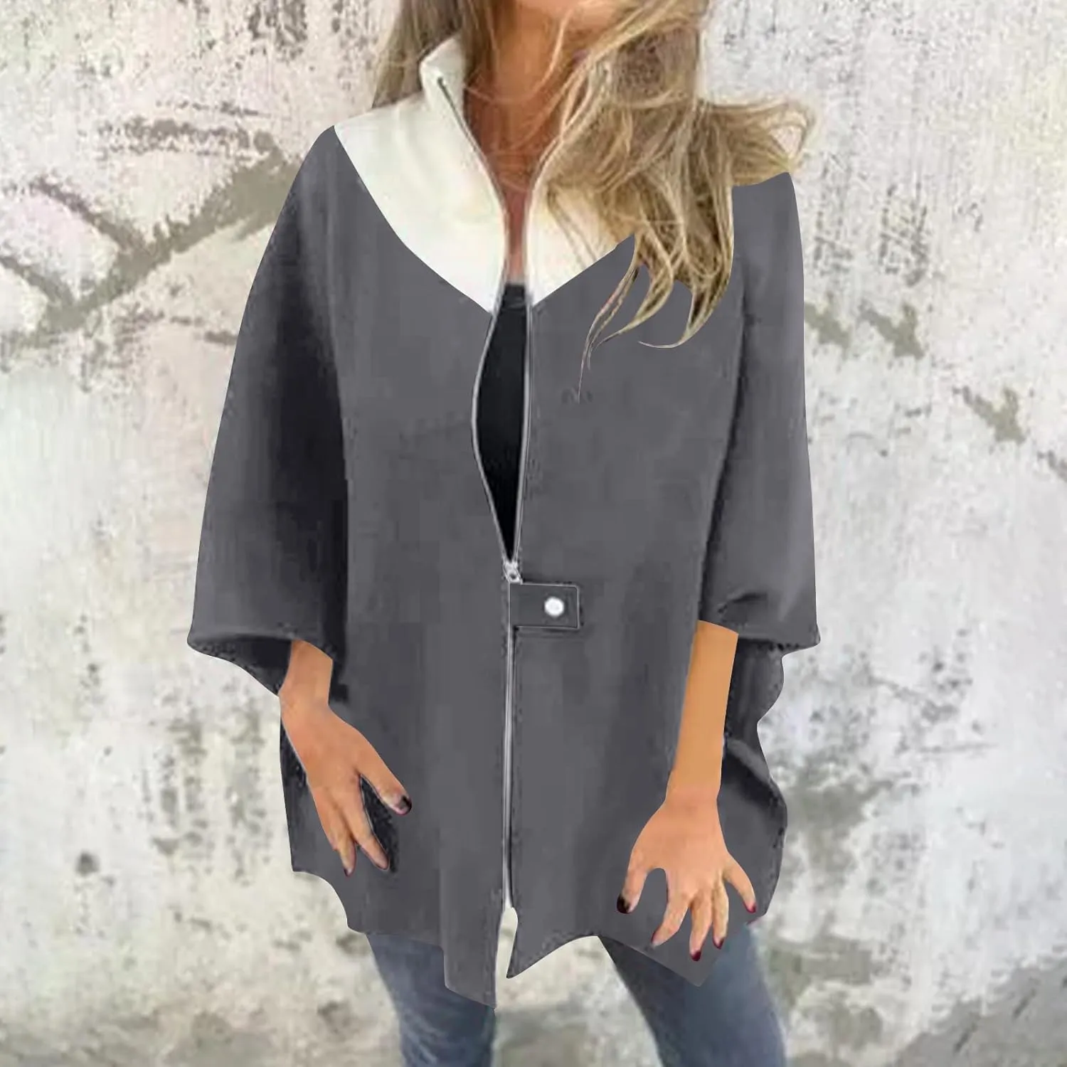Lmdudan Women's Zip Up Wool Blend Coats Plus Size Color Block Stand Collar Side Slit Trench Coat Casual Long Sleeve Cardigan