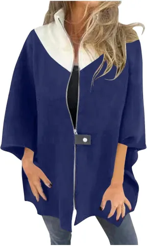 Lmdudan Women's Zip Up Wool Blend Coats Plus Size Color Block Stand Collar Side Slit Trench Coat Casual Long Sleeve Cardigan