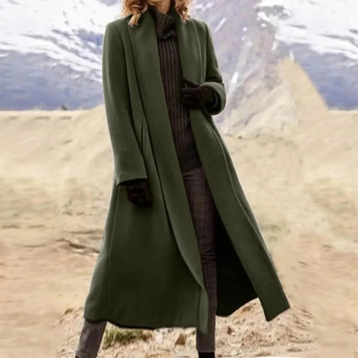 Lmdudan Wool Blend Coat for Women Elegant Shawl Collar Open Front Coats Formal Work Mid Long Winter Pea Coat Outwear Tops