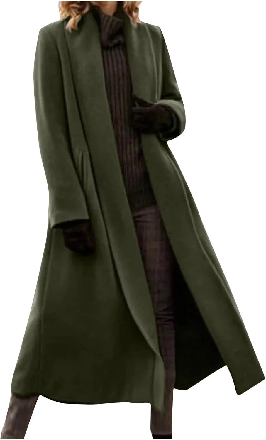 Lmdudan Wool Blend Coat for Women Elegant Shawl Collar Open Front Coats Formal Work Mid Long Winter Pea Coat Outwear Tops