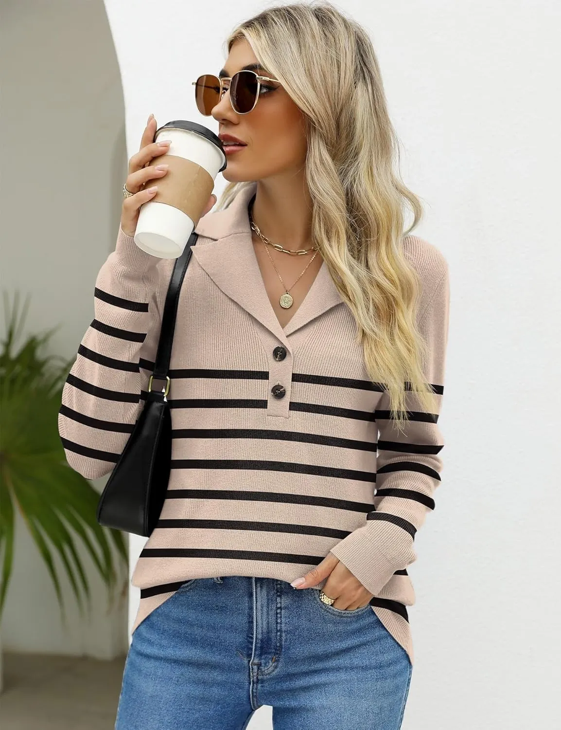 LOMON Womens Fall Sweaters 2024 Knitted V-Neck Collared Business Button Pullover Long Sleeve Winter Dressy Casual Jumper