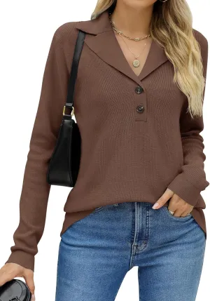 LOMON Womens Fall Sweaters 2024 Knitted V-Neck Collared Business Button Pullover Long Sleeve Winter Dressy Casual Jumper