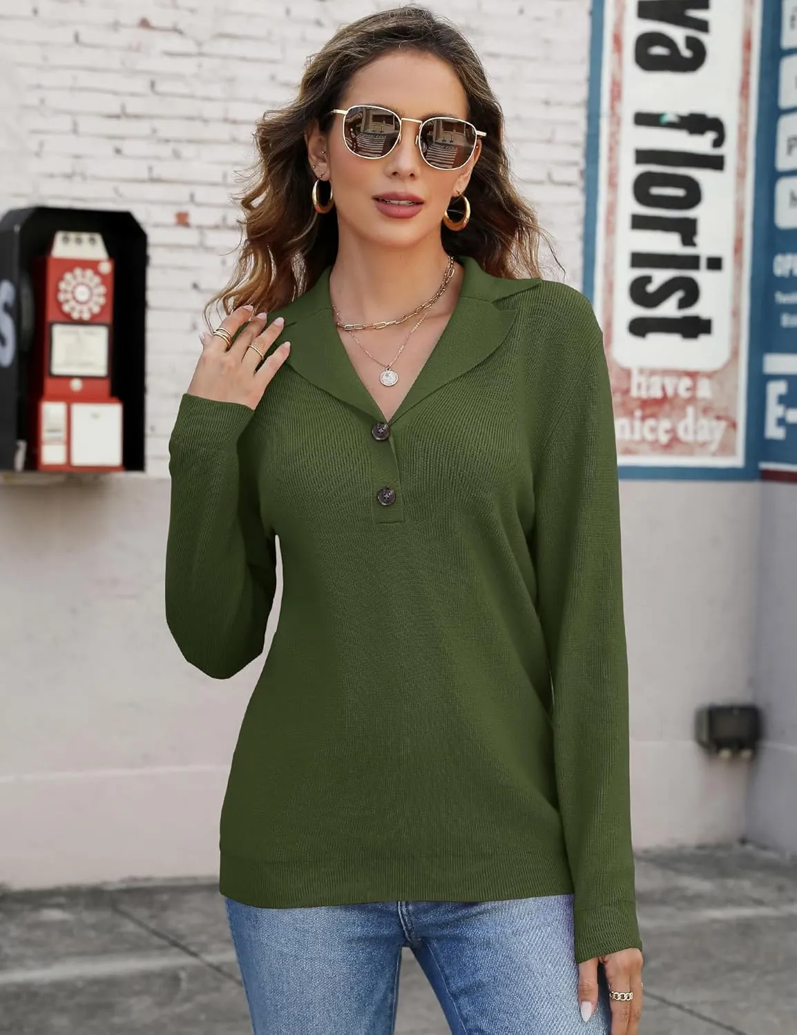 LOMON Womens Fall Sweaters 2024 Knitted V-Neck Collared Business Button Pullover Long Sleeve Winter Dressy Casual Jumper
