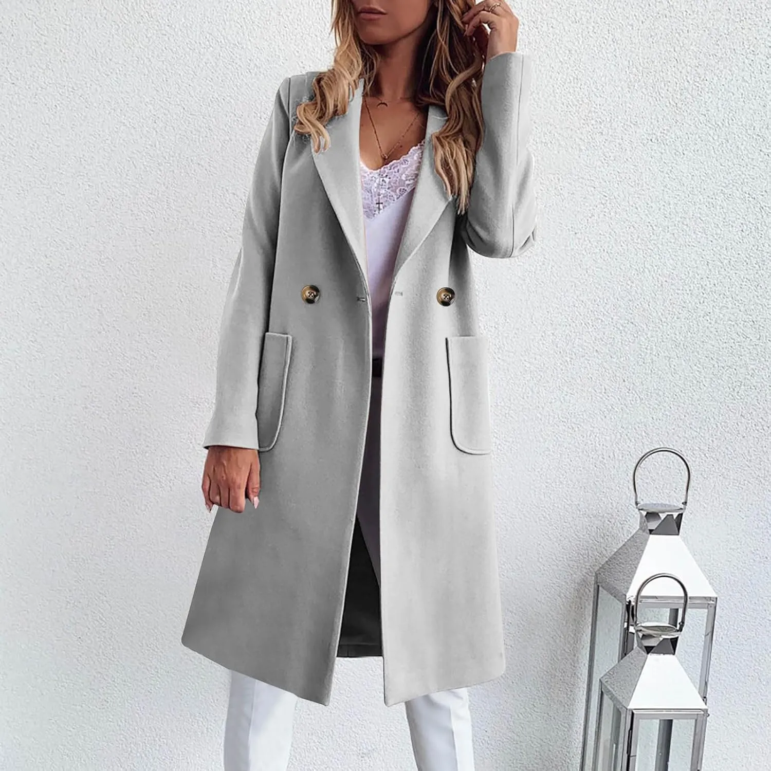 Long Jackets for Women Trendy Open Front Jacket Double Breasted Outwear Casual Winter Trench Coat with Pocket