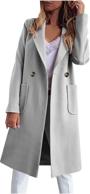 Long Jackets for Women Trendy Open Front Jacket Double Breasted Outwear Casual Winter Trench Coat with Pocket
