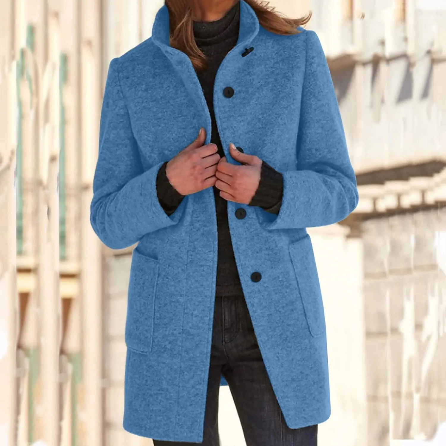 Long Pea Coats for Women Oversized Stand Collar Single Breasted Thicken Blazer Wool Blend Peacoat Jacket with Pockets