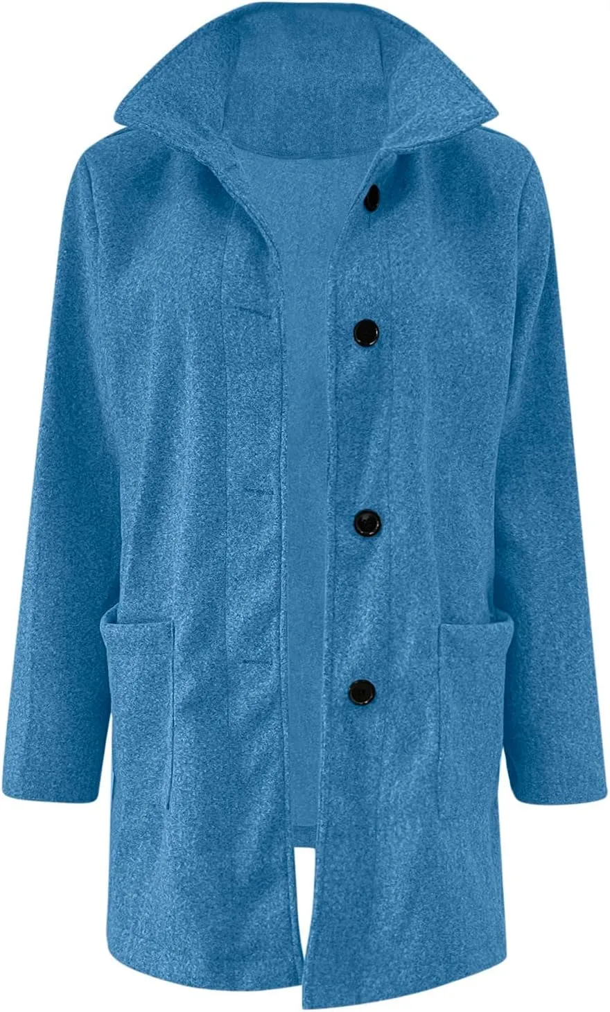 Long Pea Coats for Women Oversized Stand Collar Single Breasted Thicken Blazer Wool Blend Peacoat Jacket with Pockets