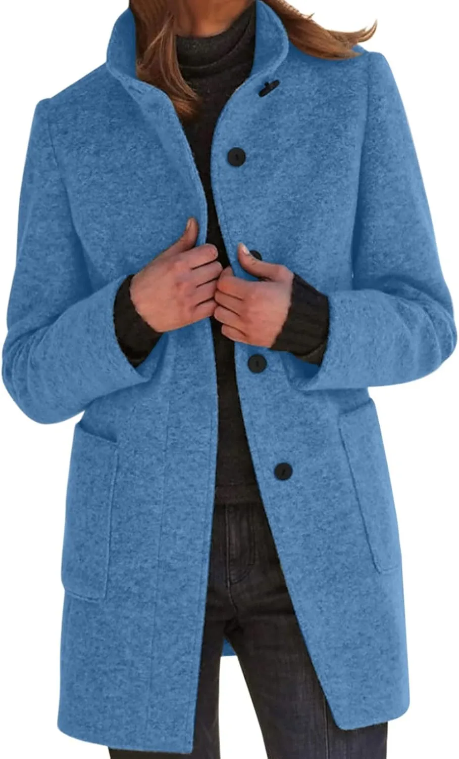Long Pea Coats for Women Oversized Stand Collar Single Breasted Thicken Blazer Wool Blend Peacoat Jacket with Pockets