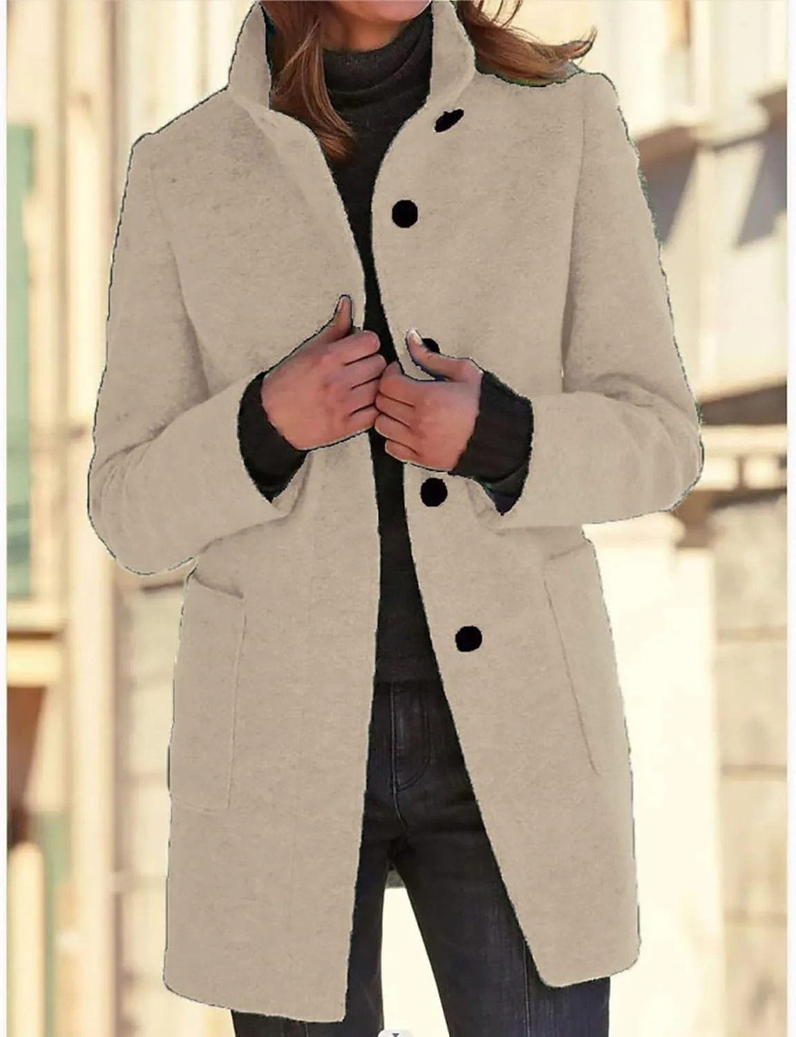 Long Pea Coats for Women Winter Stand Collar Single Breasted Wool Coats Wool Blend Peacoat Thicken Blazer Jacket