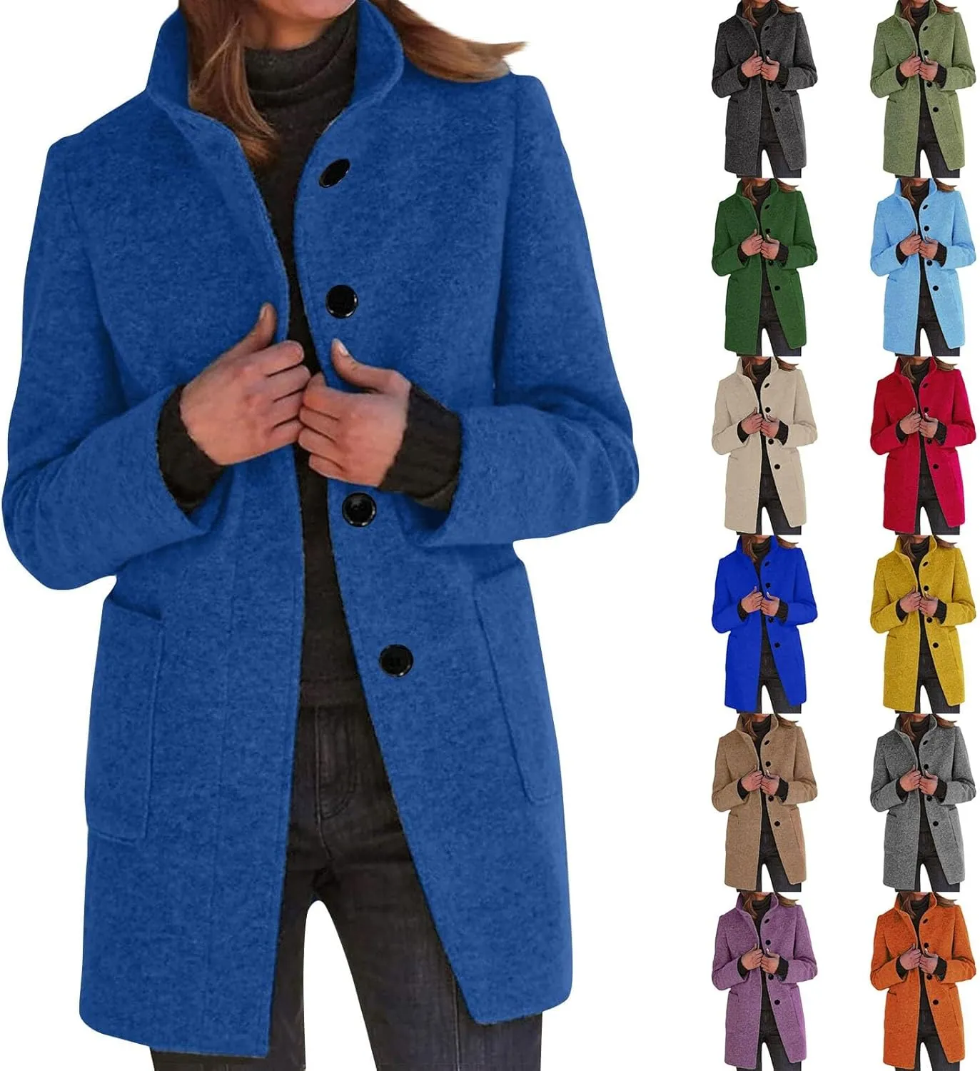 Long Pea Coats for Women Winter Stand Collar Single Breasted Wool Coats Wool Blend Peacoat Thicken Blazer Jacket