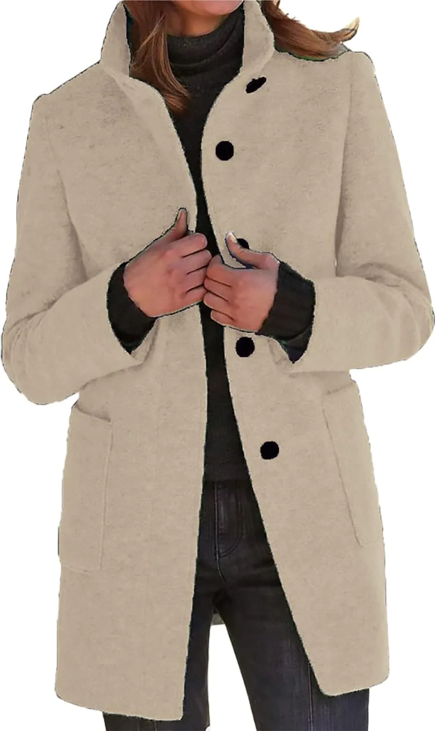 Long Pea Coats for Women Winter Stand Collar Single Breasted Wool Coats Wool Blend Peacoat Thicken Blazer Jacket