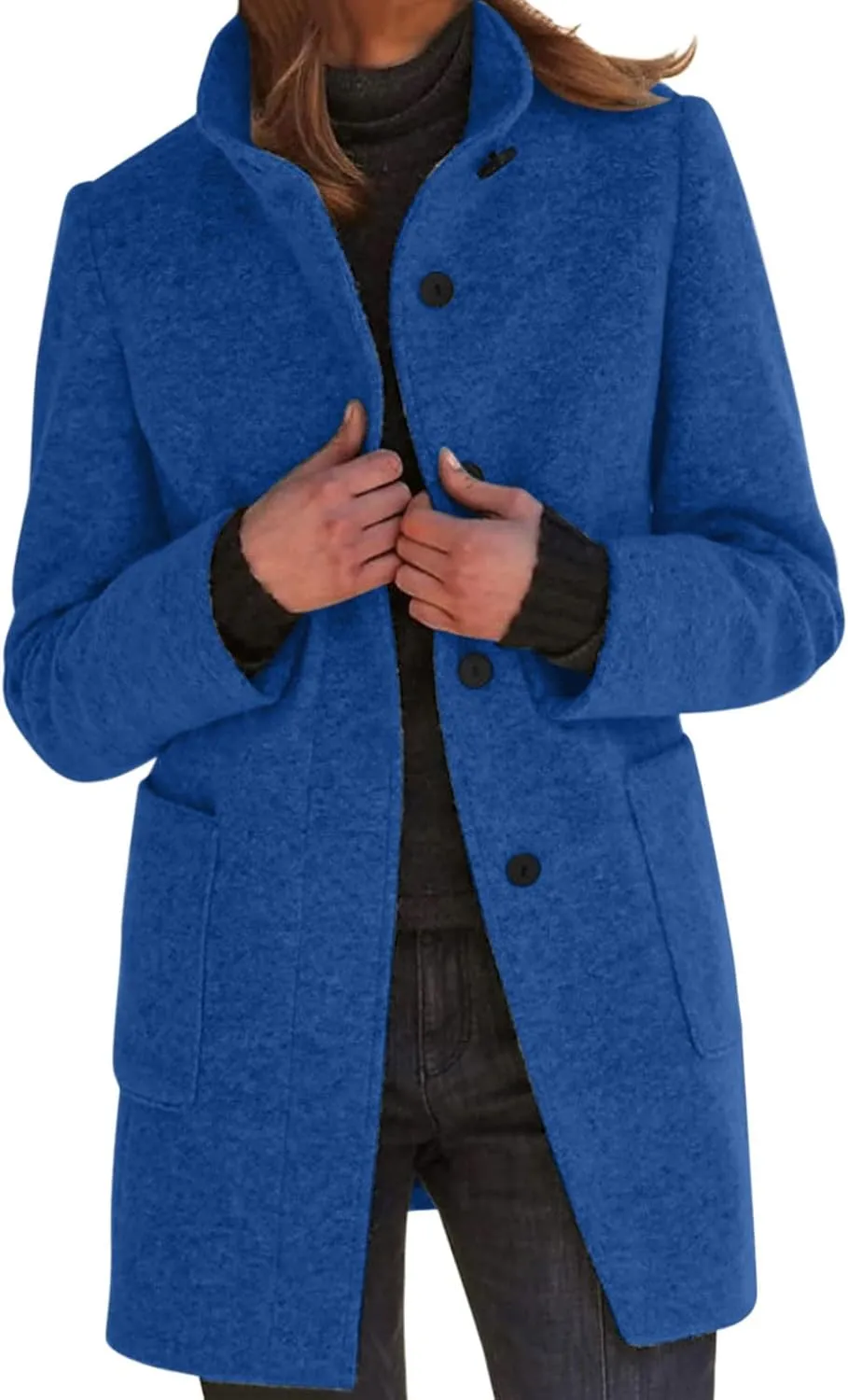 Long Pea Coats for Women Winter Stand Collar Single Breasted Wool Coats Wool Blend Peacoat Thicken Blazer Jacket