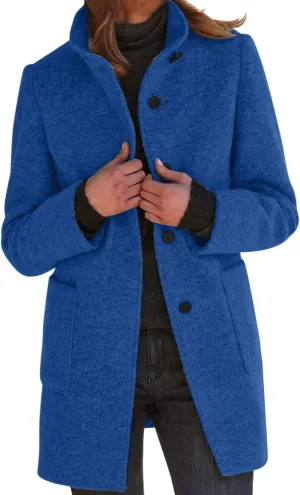Long Pea Coats for Women Winter Stand Collar Single Breasted Wool Coats Wool Blend Peacoat Thicken Blazer Jacket
