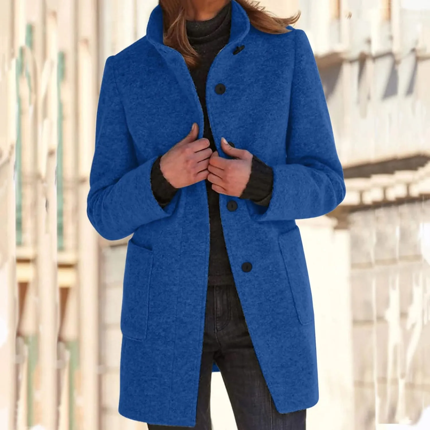 Long Pea Coats for Women Winter Stand Collar Single Breasted Wool Coats Wool Blend Peacoat Thicken Blazer Jacket